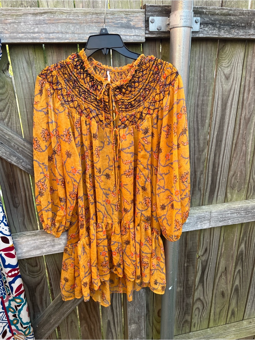 👗Free People Boho Smocked Yoke Floral tunic Dress in Mustard